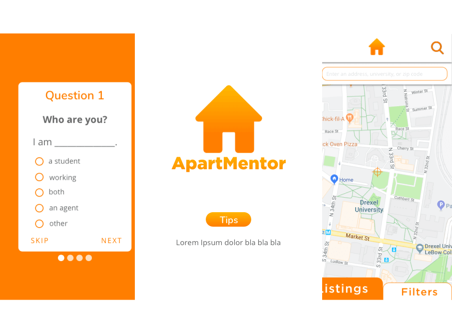 Mobile phome screen grabs of key pages of Apartmentor