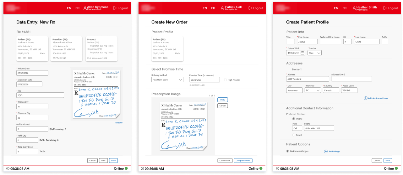 3 webpages of creating a patient profile and writing a new prescription